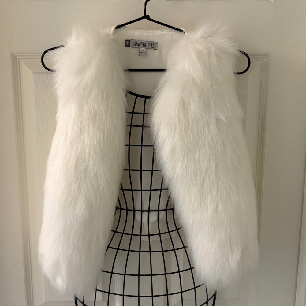 Jennifer Lopez Womens White Faux Fur Vest Open Front Glam Shaggy XS